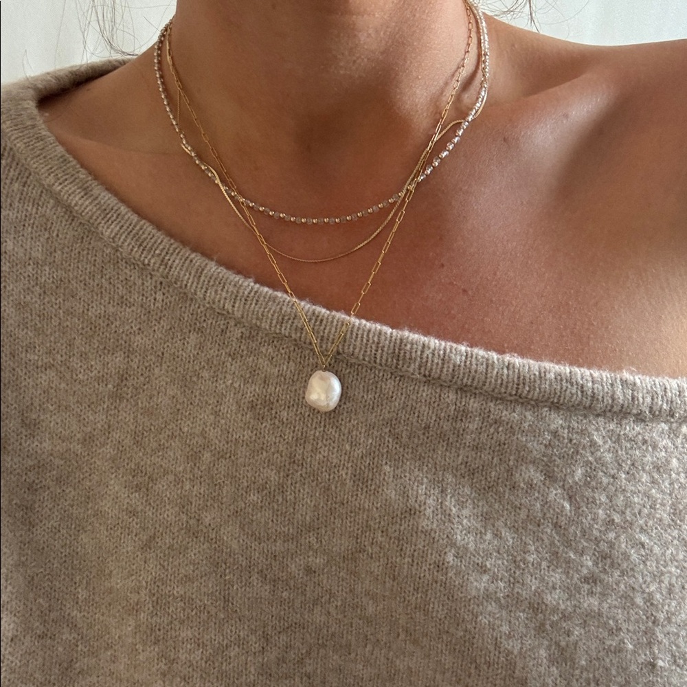 Elegant 14k Solid Gold Paperclip Pearl Necklace